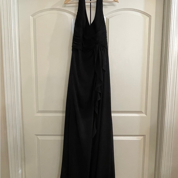 David’s Bridal V-Neck Black Halter Maxi dress with pleated and ruffle detail. - Picture 2 of 12